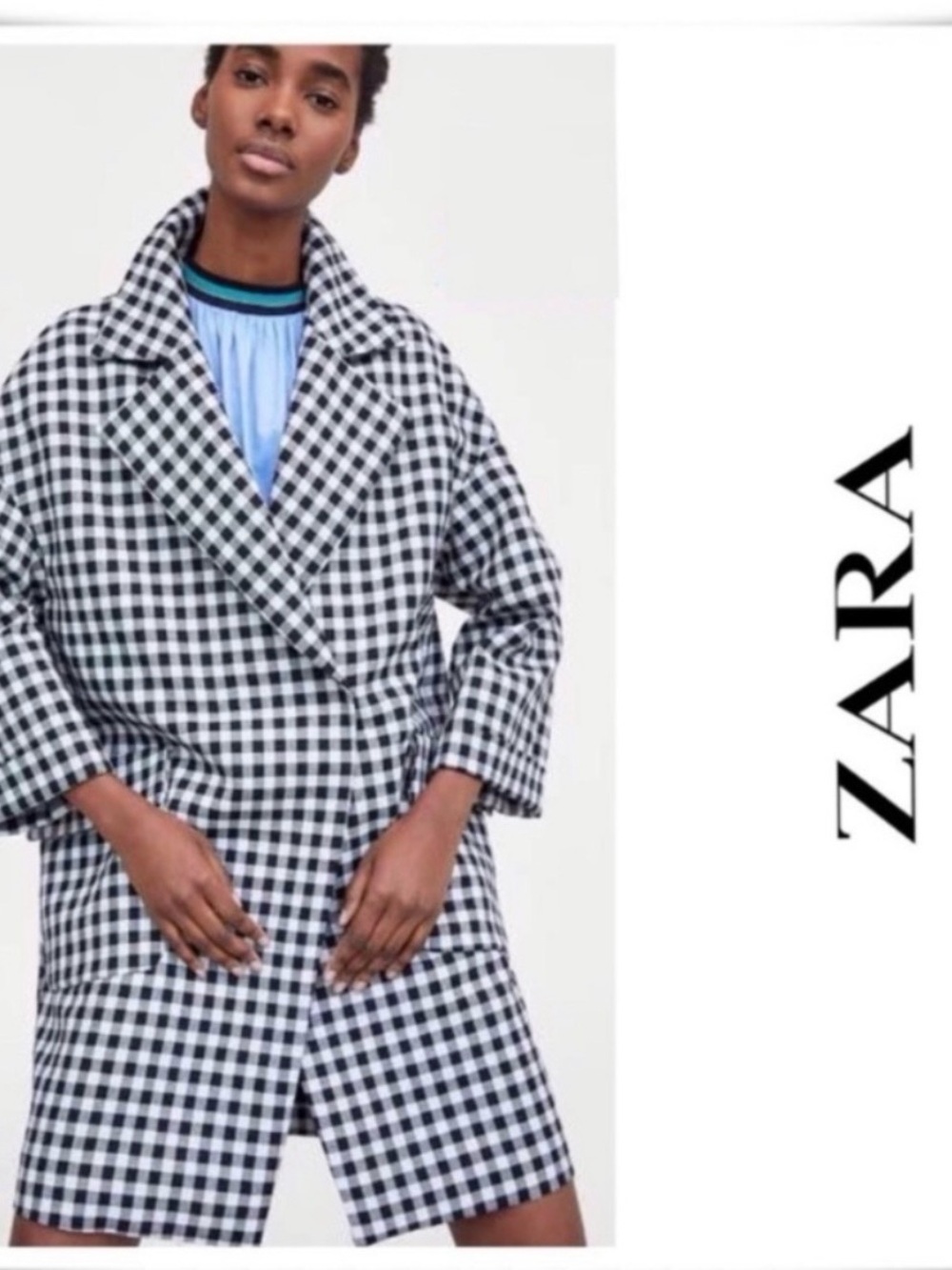 Zara Basic Gingham Check Plaid Oversize Fit Coat Black and White